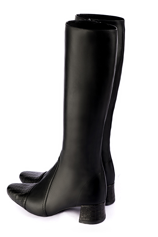 Satin black women's feminine knee-high boots. Round toe. Low flare heels. Made to measure. Rear view - Florence KOOIJMAN